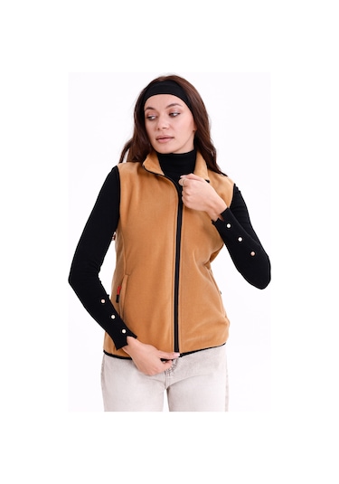 Monox Kadın Slim Fit Tam Fermuarlı Polar Yelek Kahve