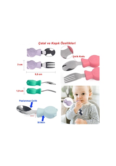 Jojobebek Kaşık Çatal Seti, Ergonomik Kısa Saplı Silikon, Paslanmaz Çelik Uçlu, Saklama Kutulu, 9-24 Ay / Gri