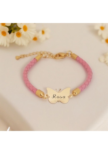 Archin Rosa İsmine Özel 14 Ayar Altın Plakalı Doğal Pembe Derili Kelebek Motifli Hediye Bileklik-429isim Rosa
