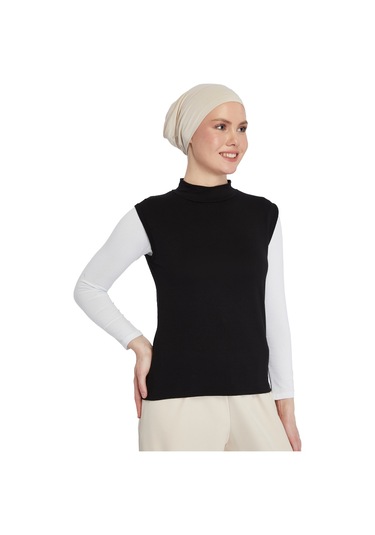 Organik Kolsuz Balıkçı Yaka Likralı Kadın Sıfır Kol Body Siyah