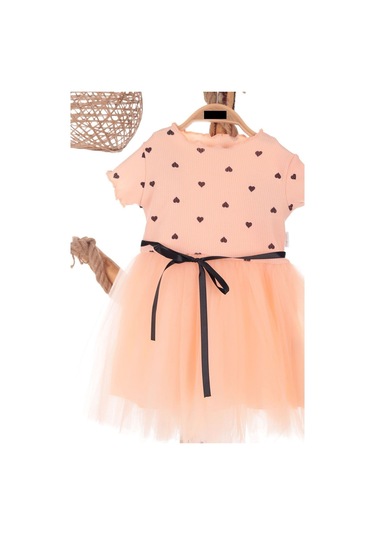 Kalp Baskılı 2-7 Yaş Arası Somon Kız Çocuk Tüllü Elbise Doğum Günü Özel Gün Ve Geceler İçin SOMON