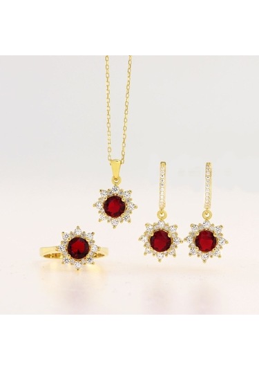 925 Ayar Gümüş Yuvarlak Kırmızı Taşlı Gold Anturaj Gümüş Set