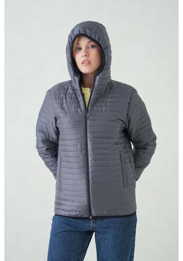 İçi Astarlı Su Ve Rüzgar Geçirmez Cepli Kapüşonlu Kadın Mont Antrasit