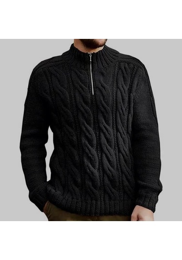 Erkek Sonbahar Ve Kış Düz Renk Fermuarlı Uzun Kollu Kazak Kahverengi