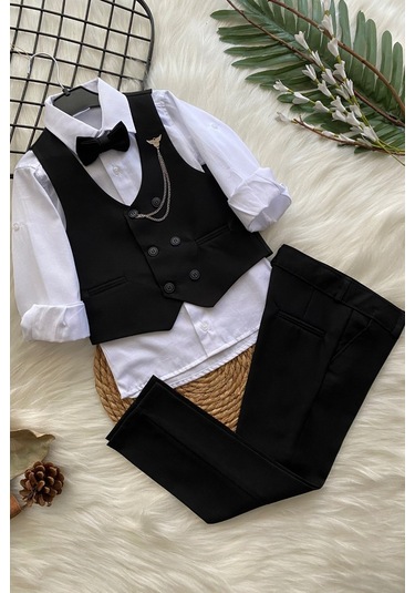 Zincir Detay Çift Düğmeli Erkek Çocuk Takım Elbise Siyah
