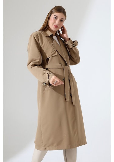 Amazon Keten Kumaş Uzun Boy Düğmeli Astarlı Yumuşak Dokulu Trenç Kot Vizon Vizon