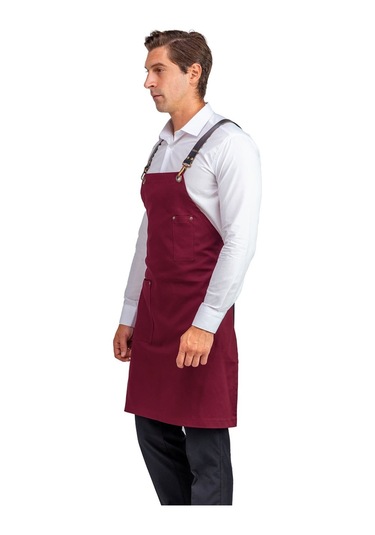 Barista Tek Cepli Bordo Deri Askılı Önlük