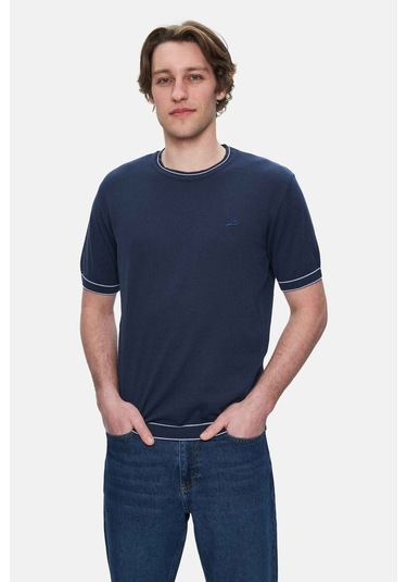 Fared Lacivert Bisiklet Yaka Triko Nakışlı Standard Fit Erkek Tshirt Lacivert