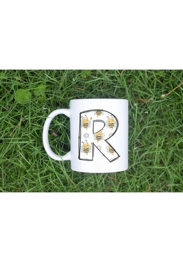 R Harfi Arı Desenli Kupa - Sevimli Hayvan Temalı Kişiye Özel Kahve Kupası - Şans Kupası Beyaz