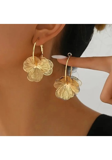 Altın Çift Katmanlı Hollow Çiçek Halka Küpe Kadınlar İçin Altın