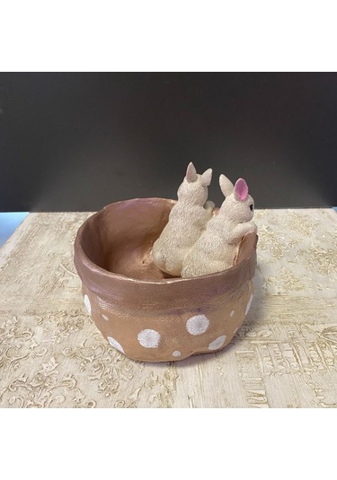 2 Tavşanlı Dekoratif Saksı Tabak