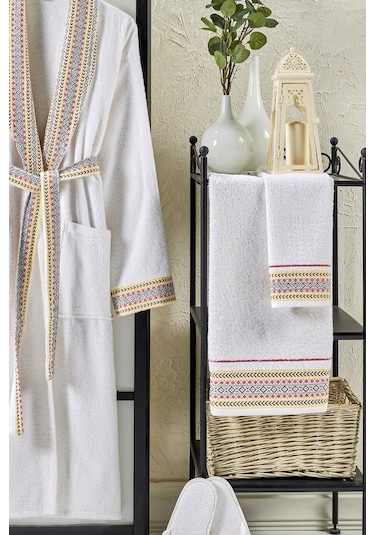 Vevien Ansaaj Jakarlı 4 Parça Bornoz Seti Krem