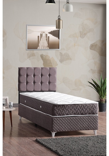 Bengü Tek Kişilik Baza Başlık Yatak Seti Gri 90 190