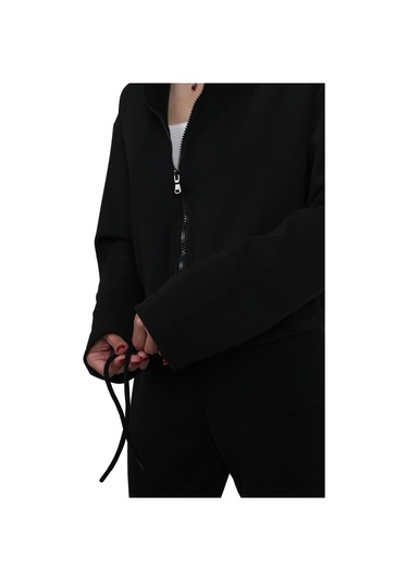 Kadın Modal Kumaş Bel Bağcıklı Siyah Ceket Hırka Siyah