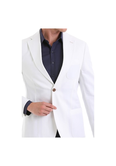 Hatemoğlu Beyaz Comfort Fit Düz Mono Yaka Casual Keten Ceket Beyaz