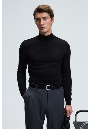 Grimelange REBEL Erkek Yarım Balıkçı Yaka Basic Slim Fit Triko Siyah Kazak