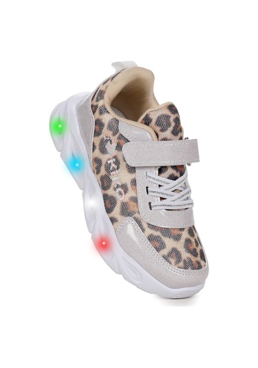 Kiko Kids Teno Cırtlı Işıklı Leopar Kız Çocuk Spor Ayakkabı Beyaz Beyaz
