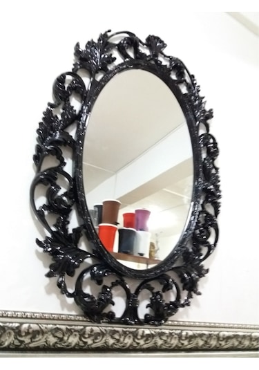 Antik Oymalı Desenli İşlemeli Rustik Siyah Çerçeveli Boy Aynası Siyah