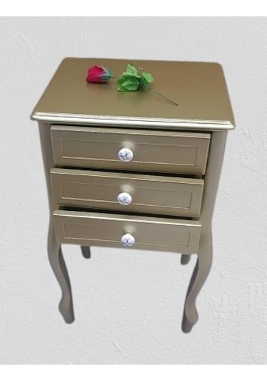 Komodin Model 90529 3çekmeceli Kayın Lükens Ayak Gold Renk Porselen Kulp El Yapım