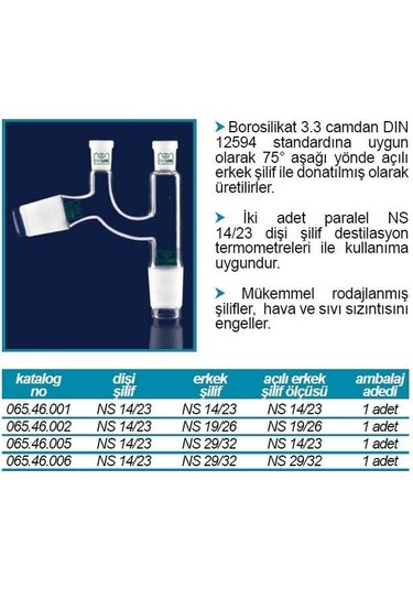 İsolab 065.46.002 Adaptör -distilasyon-claisen-dişi:ns 14/23-erkek:ns19/26-açılı:ns19/26 1 Adet