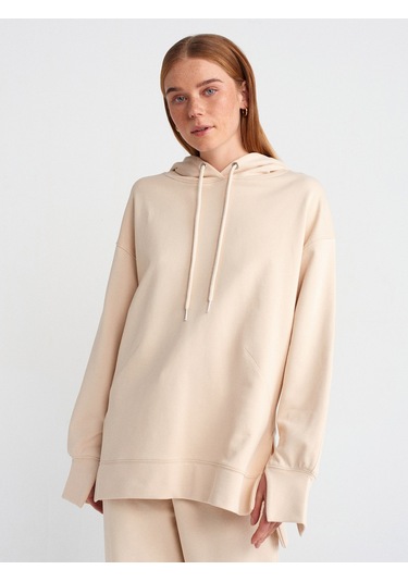 Dilvin 40403 Dikiş Esprili Yırtmaçlı Sweat- Açık Bej