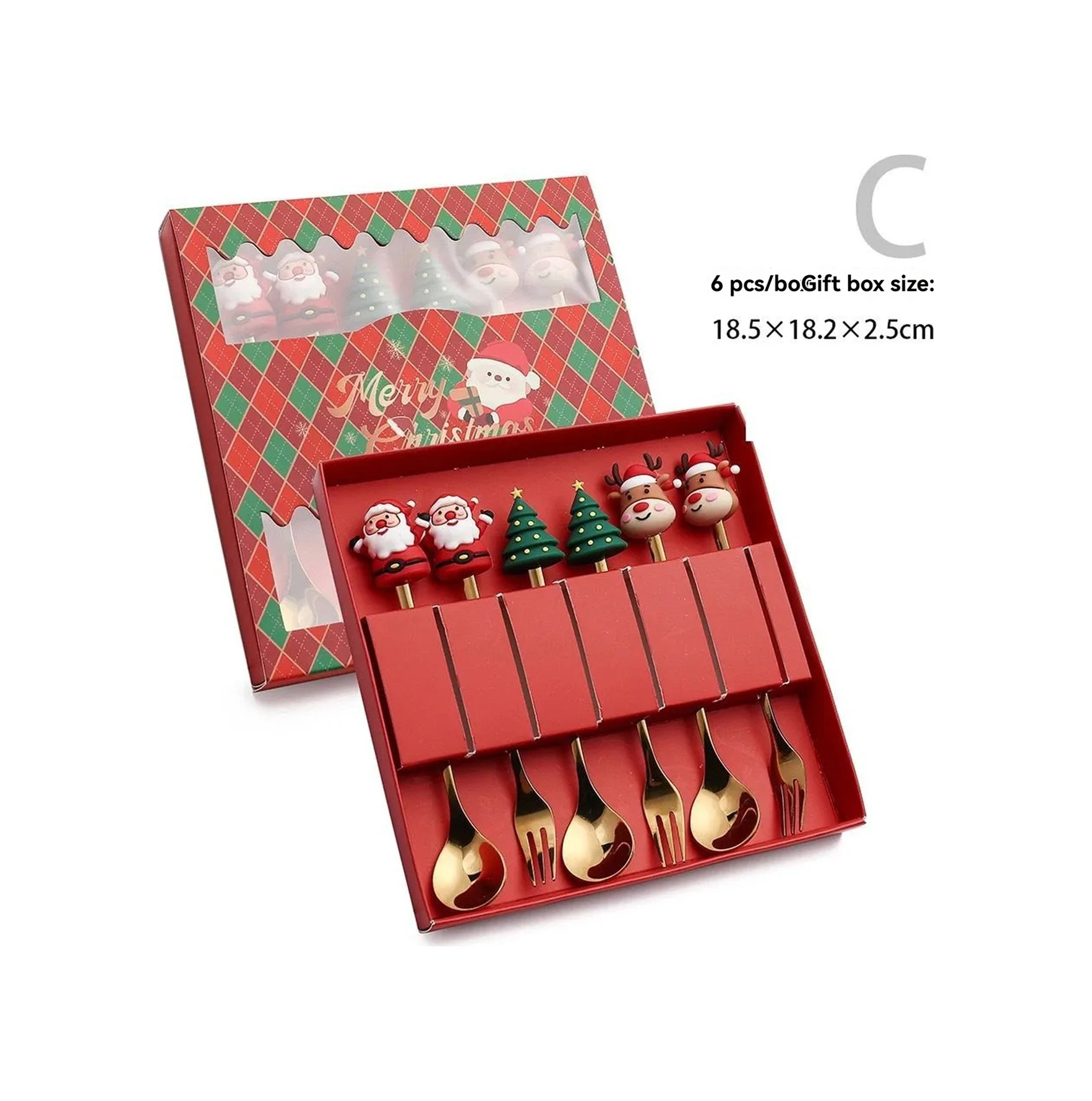 Dianziye Noel Güzellikli 6'lı Çatal-kaşık Seti, Paslanmaz Çelik 410, Kurutma Makinesine Uygun, Hediye Kutulu Tatlı Servisi Kırmızı