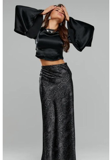 Madmext Siyah Desenli Saten Kadın Uzun Etek Mg2333 Siyah