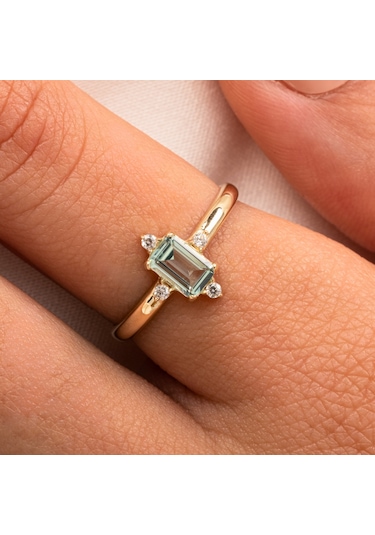 Gümüş Yüzük - Octagon Kesim Su Yeşili Taşlı 0.95 Karat Pırlanta Montürü 925 Ayar Gümüş Yüzük Sarı