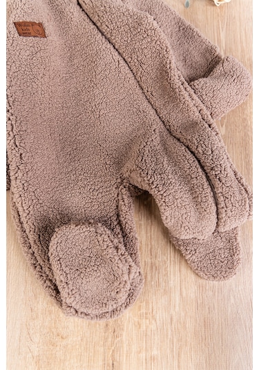 Kapüşonlu Kendinden Eldivenli Welsoft Kışlık Kız/erkek Bebek Tulum Kahverengi