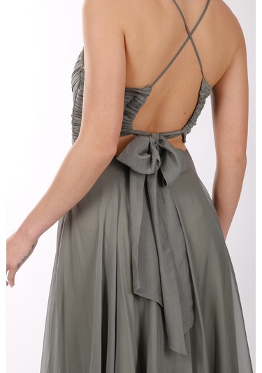 Dori İnce Askılı Önden Yırtmaçlı Drape Kiloş Abiye Elbise 00kb6128 Çağla