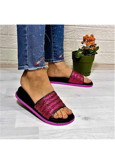 Calx Fuşya Simli Orthopedic Taban Şık Günlük Kadın Terlik 001
