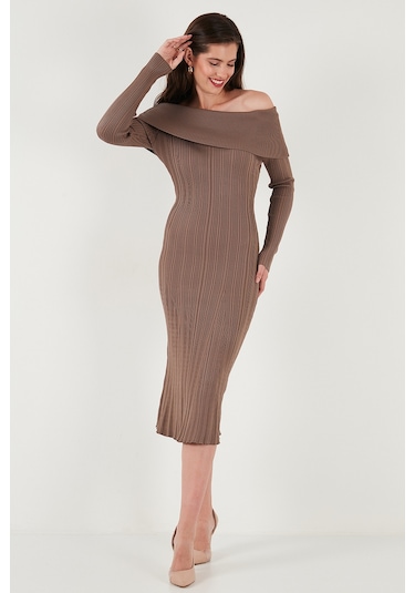 Lela Premium Fitilli Carmen Yaka Slim Fit Midi Boy Triko Bayan Elbise 680El00033 Vizon