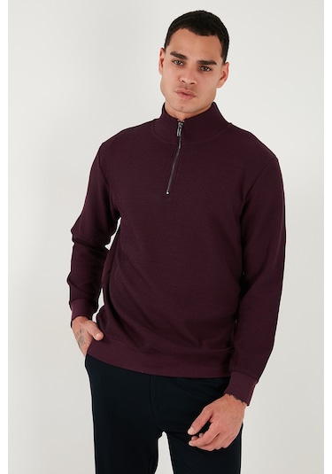 Buratti Pamuklu Regular Fit Yarım Fermuarlı Dik Yaka Erkek Sweat 5905716 Vişne