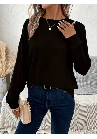 Tua Moda Kadın Uzun Kollu Bisiklet Yaka Viskon Bluz Siyah