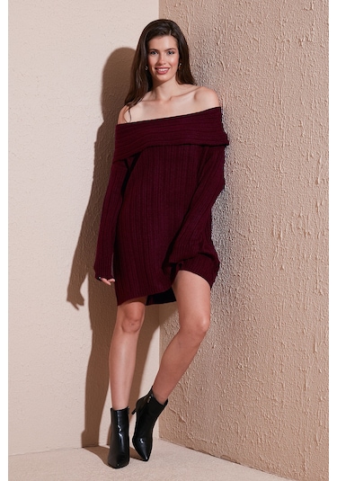 Lela Oversize Fit Kayık Yaka Uzun Kollu Mini Triko Bayan Elbise 4615218 Bordo