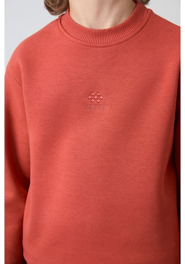 Tommy Life Kiremit-lacivert Pamuklu Kalın İçi Tüylü Yumuşak Dokulu Standart Fit Nakışlı Erkek Çocuk Eşofman Ta Kiremit