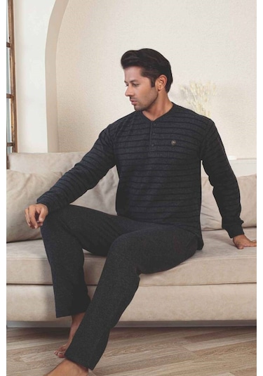 Erkek 3 Düğme Çizgili Kışlık Pamuklu Selanik Kumaş Uzun Manşetli Kol Cepli Pijama Takımı Lacivert-yeşil