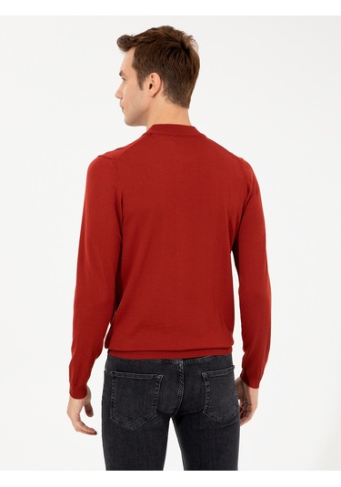 Cacharel Kiremit Slim Fit Çeyrek Balıkçı Yaka Basic Triko Kazak Kırmızı