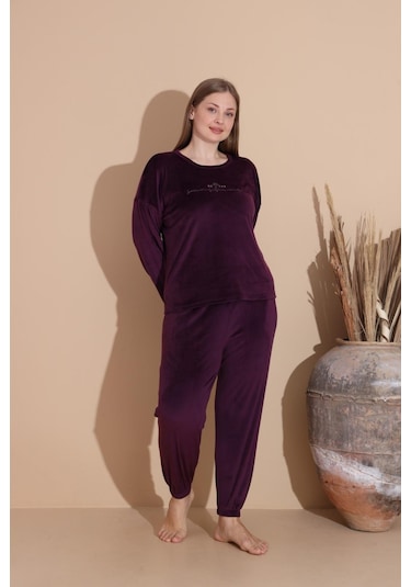 Boyraz Kadın Kışlık Fransız Kadife Büyük Beden Bisiklet Yaka Uzun Kol Pijama Takımı 03143 - 1 Adet Mor