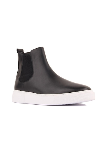 Shoetyle - Siyah Hakiki Deri Erkek Chelsea Bot - Beyaz Taban - 250-041 -1164 Siyah