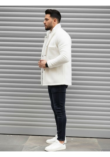 Stıll Giyim Unisex Normal Kalıp Cep Detaylı Düğmeli Pelüş Ceket Beyaz