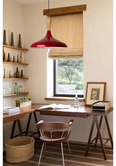 Champion Kırmızı Ahşap Huni Tekli Avize Sarkıt Salon Mutfak Cafe Butik Lamba Aydınlatma Avizeler Kırmızı