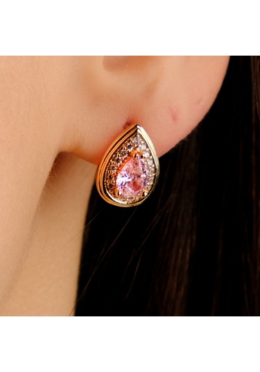 Lekka Design Pembe Taşlı Damla Lüks Kadın Küpe Çok Renkli