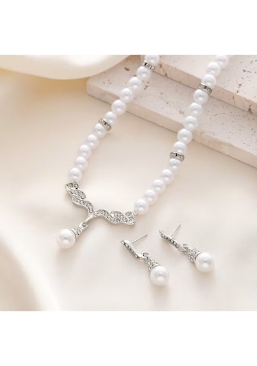 İnci Moda Kolye, Küpe Set, Nişan Düğün Özel Gün Sevgililer Günü Gümüş
