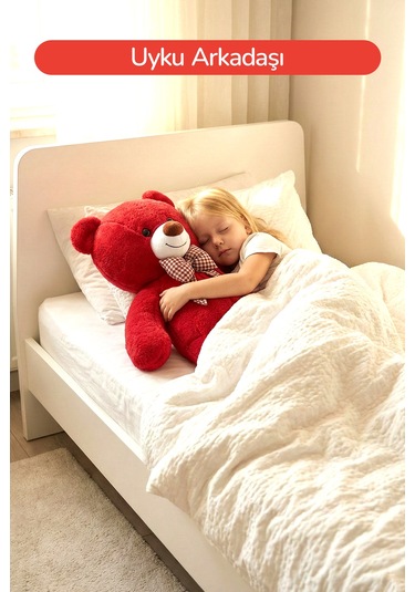 80 Cm Büyük Boy Yumuşak Papyonlu Oyuncak Ayıcık Kırmızı