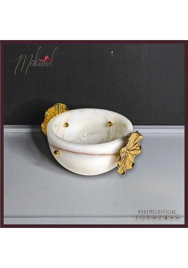 Yaprak Aksanlı Şık Beyaz Mermer Kase Lüks Ev Dekorasyon Merkezi