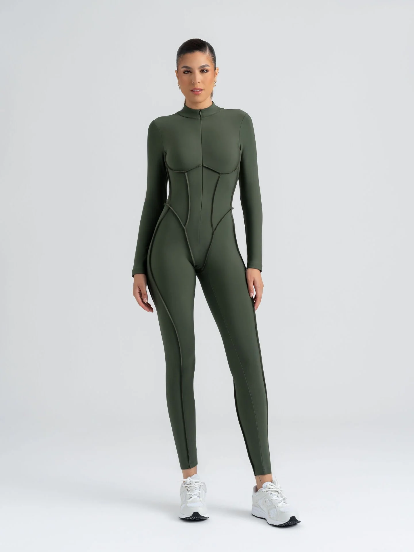 Dikişle Modellenmiş Spor Tayt Tulum Haki Yeşili