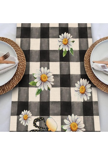 Bahar Arı Gnome Masa Koşucu, Bal Siyah Beyaz Ekose Kontrol Ev Mutfak Yemek Dekor