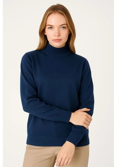 Yarım Boğaz Triko Kazak Yumuşak Dokulu Pamuklu Ince Dokuma, Uzun Kollu Rahat Regular Kalıp - Laciver Lacivert