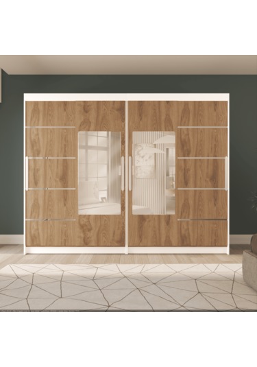 Sürgülü Gardırop, Dört Kapaklı Aynalı 360x60x210 Cm Parlak Beyaz